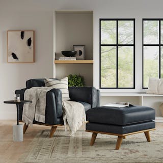 The Lounge in Luxury Bundle, contains products [Narro Marble Side Table - Black], [Timber 41" Leather Lounge Chair - Charme Black] and [Timber 31" Leather Ottoman - Charme Black].