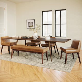 The Fine Dining Bundle, contains products [Seno 71" - 110" Extendable Dining Table - Walnut], [Chantel Leather Dining Chair - Toscana Tan] and [Chantel 56" Leather Bench - Toscana Tan].