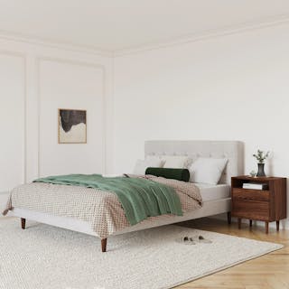 The Tufted Beauty Bundle, contains products [Sven Queen Tufted Bed - Birch Ivory] and [Lenia 2-Drawer Nightstand - Walnut].