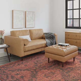 The Leather on Leather Bundle, contains products [Sven 30" Tufted Leather Ottoman - Charme Tan] and [Sven 72" Tufted Leather Loveseat - Charme Tan].