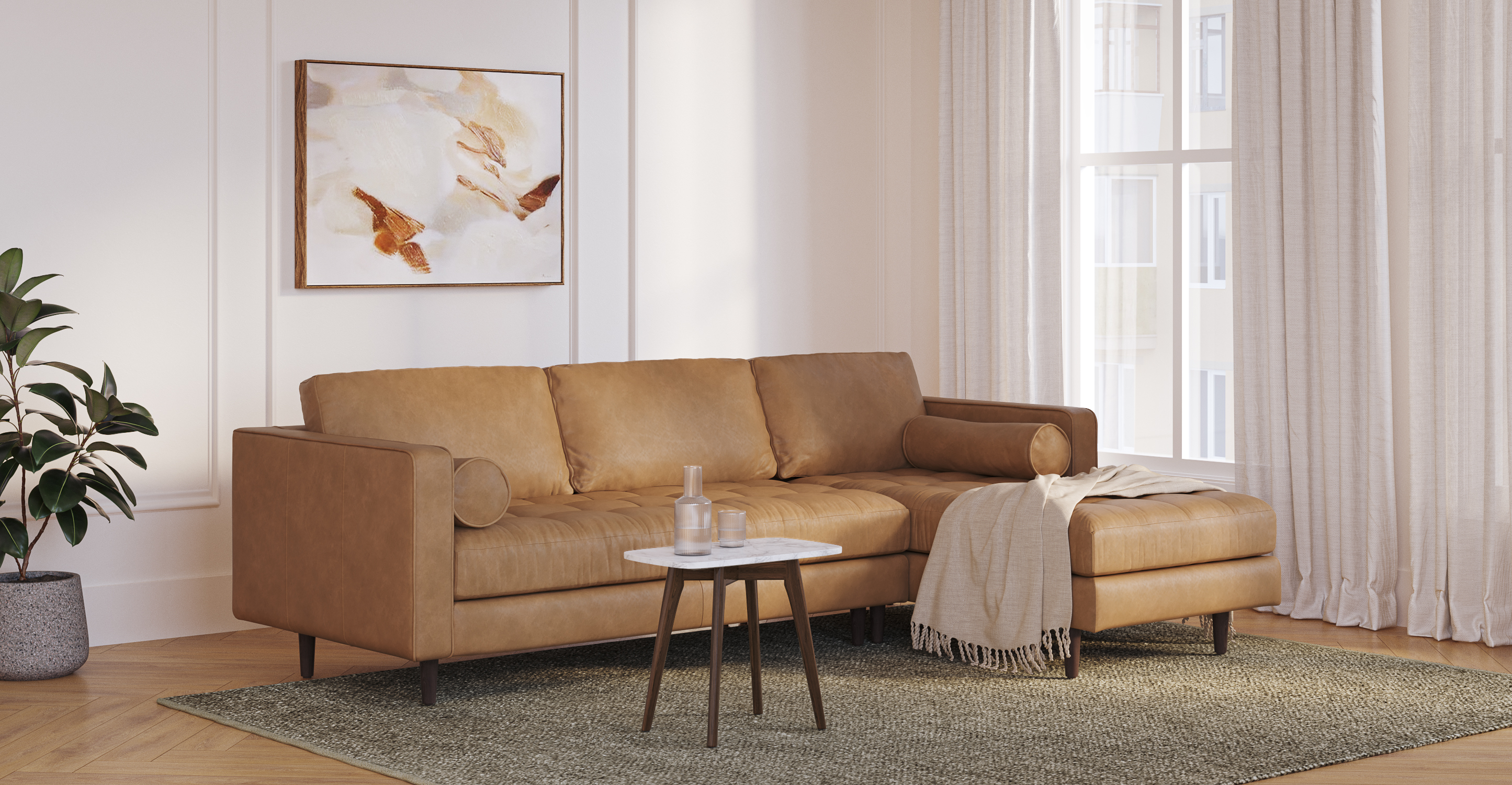 Sven Walnut & Oxford Blue Leather Right Chaise Sectional | Article