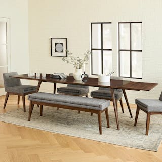 The Full House Bundle, contains products [Seno 71" - 110" Extendable Dining Table - Walnut], [Chantel Dining Chair - Volcanic Gray] and [Chantel 56" Bench - Volcanic Gray].