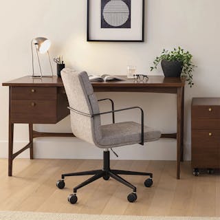 The Comfortably Organized Bundle, contains products [Krossa 58.5" Desk - Walnut] and [Gerven Office Chair - Cathedral Gray].