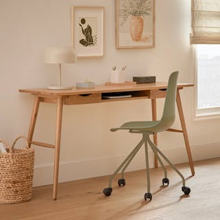 The Compact Home Office Bundle, contains products [Svelti Office Chair - Berry Blue] and [Culla 55" Desk - Walnut].