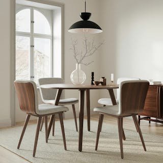 The No-Nook Bundle , contains products [Seno 47" Round Dining Table - Walnut] and [Sede Dining Chair - Walnut and Mist Gray].