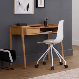 The Flex Office Bundle, contains products [Fantol 43.25" Desk - Natural Oak] and [Svelti Office Chair - Pure White].