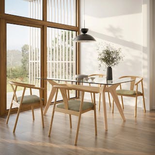 The Spacious Table Bundle, contains products [Emmer 71" Glass Dining Table - Oak] and [Fonra Dining Chair - Oak and Algonquin Green].