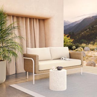 The Low Maintenance Bundle, contains products [Aby 69.5" Outdoor Loveseat - Dravite Ivory] and [Solina Outdoor Stool - White Terrazzo].