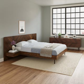 The Easy Choice Bundle - Queen, contains products [Nera Queen Low Profile Bed with Nightstands Set - Walnut] and [Nera 6-Drawer Low Triple Dresser - Walnut].