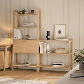 The Storage Krossa Bundle, contains products [Krossa 31.5" Shelving Unit with Storage - White Oak] and [Krossa 36" Shelving Unit, Short - White Oak].