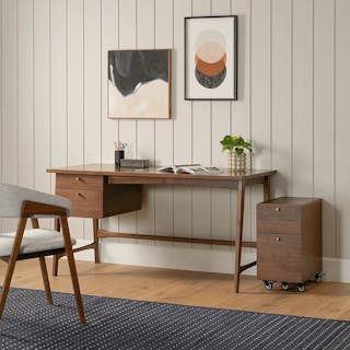 The Essential Krossa Bundle, contains products [Krossa 58.5" Desk - Walnut] and [Krossa 12" File Cabinet - Walnut].