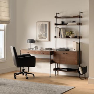 The Essential Newberry Bundle, contains products [Newberry 31.25" Shelving Unit, Wide - Walnut] and [Newberry 43.25" Desk - Walnut].
