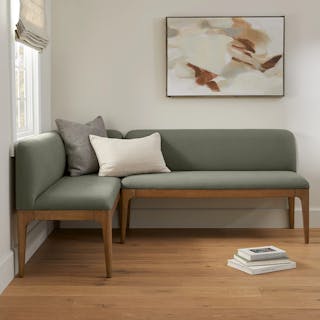 The Rosin Breakfast Club Bundle, contains products [Rosin 53" Armless Banquette - Natural Oak and Sand Ivory] and [Rosin 56.75" Right Corner Banquette - Natural Oak and Sand Ivory].