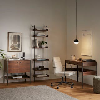 The Official Newberry Bundle, contains products [Newberry 19.5" Shelving Unit, Narrow - Walnut], [Newberry 30" Cabinet - Walnut] and [Newberry 43.25" Desk - Walnut].