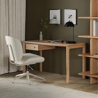 The Cozy Office Bundle, contains products [Kacey 51" Desk - White Oak] and [Rya Office Chair - Ivory Wool Bouclé].