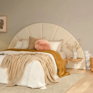 The Quiet Luxury Bed Bundle - King, contains products [Basi King Bed Frame - Oak] and [Almelo King Headboard - Ivory Wool Bouclé].