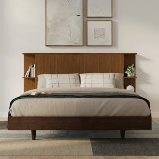 The Kouva Bedroom Bundle - King, contains products [Basi King Bed Frame - Smoked Oak] and [Kouva King Storage Headboard - Smoked Oak].