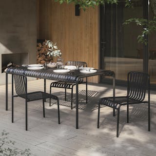 The Sarek Dining Set, contains products [Sarek Outdoor Stackable Dining Chair - Black] and [Sarek 67" Outdoor Dining Table - Black].