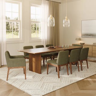 The Culinary Council Bundle, contains products [Torme 82.75" - 104.25" Extendable Dining Table - Smoked Oak], [Rosin Dining Chair - Smoked Oak and Welsh Green] and [Rosin Dining Armchair - Smoked Oak and Welsh Green].