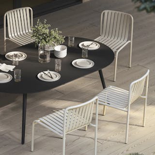 The Ballo x Sarek Dining Bundle, contains products [Ballo 78.5" Outdoor Dining Table - Black] and [Sarek Outdoor Stackable Dining Chair - Black].