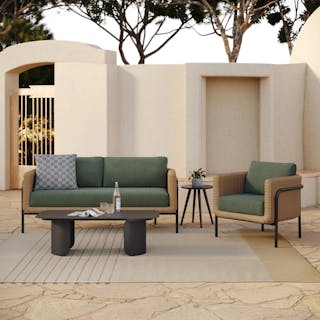 The Aby x Skane Lounge Bundle, contains products [Aby 69.5" Outdoor Loveseat - Dravite Green], [Aby 33" Outdoor Lounge Chair - Dravite Green] and [Skane 48" Outdoor Coffee Table - Black].