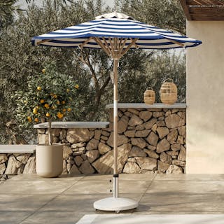 The Maria x Solina Umbrella Bundle, contains products [Maria Umbrella - Stripe Taupe] and [Solina Wheeled Umbrella Base - White Terrazzo].