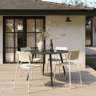 The Ballo x Ari Dining Bundle, contains products [Ballo 47" Outdoor Dining Table - Black] and [Ari Outdoor Stackable Dining Chair - Taupe].