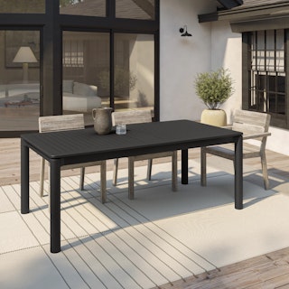 The Fisk x Lyle Dining Bundle, contains products [Fisk 75.5" - 96" Outdoor Extendable Dining Table - Black] and [Lyle Outdoor Stackable Dining Armchair - Weathered Acacia].