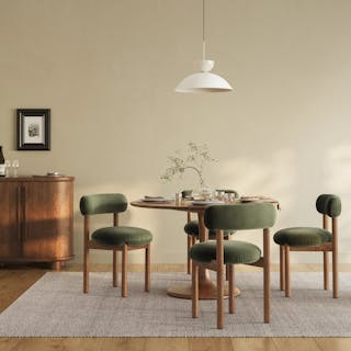 The Cozy Corner Bundle, contains products [Hendrick 47.25" Dining Table - Smoked Oak] and [Munk Velvet Dining Chair - Smoked Oak and Hale Fir Green].