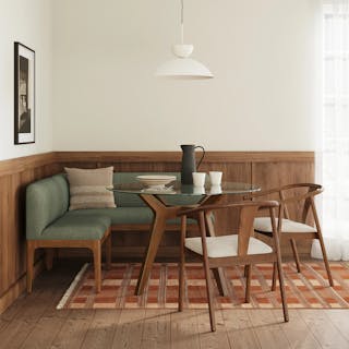 The Rosin Breakfast Club Bundle - Left, contains products [Rosin 56.75" Left Corner Banquette - Smoked Oak and Welsh Green] and [Rosin 53" Armless Banquette - Smoked Oak and Welsh Green].