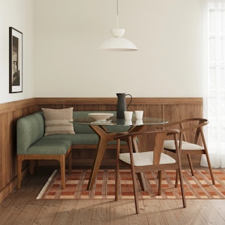 The Rosin Breakfast Club Bundle - Left, contains products [Rosin 56.75" Left Corner Banquette - Smoked Oak and Welsh Green] and [Rosin 53" Armless Banquette - Smoked Oak and Welsh Green].