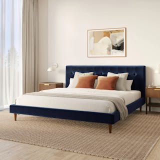 The Sven x Liv Bedroom Bundle - King, contains products [Sven King Tufted Velvet Bed - Plush Cascadia Blue] and [Liv 1-Drawer Nightstand - Walnut].