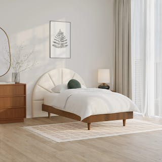 The Basi x Almelo Bedroom Bundle - Twin, contains products [Almelo Twin Headboard - Ivory Wool Bouclé] and [Basi Twin Bed Frame - Smoked Oak].