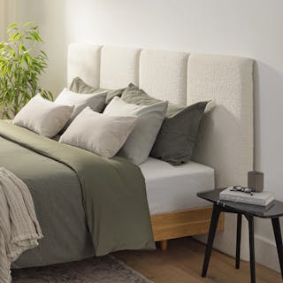 The Basi x Noel Bouclé Bedroom Bundle - King, contains products [Noel King Headboard - Lunaria White Bouclé] and [Basi King Bed Frame - Oak].