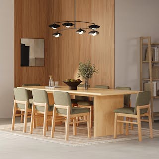 The Mikkel Dining Chair x Torme Dining Table Bundle, contains products [Mikkel Dining Chair - White Oak and Algonquin Green] and [Torme 82.75" - 104.25" Extendable Dining Table - White Oak].