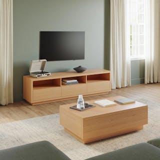 The Leif Media Unit x Coffee Table Bundle, contains products [Leif 80" Media Unit - White Oak] and [Leif 47" Storage Coffee Table - White Oak].