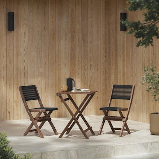 The Balcony Bundle, contains products [Elanora Outdoor Folding Dining Chair - Dark Acacia] and [Elanora Outdoor Folding Cafe Table - Dark Acacia].