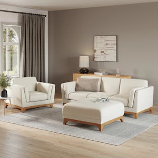 The Ceni Legroom Bundle, contains products [Ceni 83" Sofa - Buckler Ivory], [Ceni 39" Lounge Chair - Buckler Ivory] and [Ceni 35" Ottoman - Buckler Ivory].