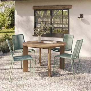 Daphne Dining Table x Zina Dining Chair Bundle, contains products [Daphne 47" Outdoor Dining Table - Light Eucalyptus] and [Zina Outdoor Stackable Dining Chair - Khaki Green].