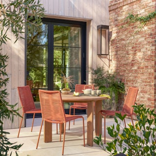 Daphne Dining Table x Zina Dining Chair Bundle, contains products [Daphne 47" Outdoor Dining Table - Cloud Eucalyptus] and [Zina Outdoor Stackable Dining Chair - Khaki Green].