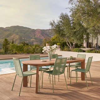 Daphne Extendable Dining Table x Zina Dining Chair Bundle, contains products [Daphne 68.5" - 91" Outdoor Extendable Dining Table - Cloud Eucalyptus] and [Zina Outdoor Stackable Dining Chair - Ochre Brown].