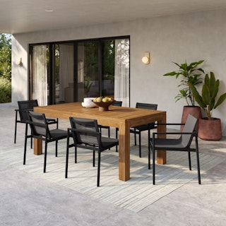 Avalon 74.5" - 98"Extendable Table x Tola Chair Bundle, contains products [Avalon 74.5" - 98" Outdoor Extendable Dining Table - Acacia], [Tola Outdoor Stackable Textilene Dining Armchair - Black] and [Tola Outdoor Stackable Textilene Dining Chair - Black].