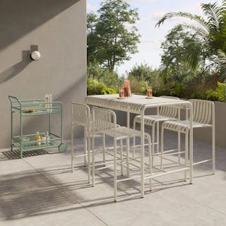 The Sarek Outdoor Bar Table x Counter Stool Bundle, contains products [Sarek 51" Outdoor Bar Table - Taupe] and [Sarek Outdoor Stackable Counter Stool - Taupe].