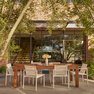 Avalon 74.5" - 98" Extendable Table x Tola Chair Bundle, contains products [Avalon 74.5" - 98" Outdoor Extendable Dining Table - Acacia], [Tola Outdoor Stackable Textilene Dining Armchair - White] and [Tola Outdoor Stackable Textilene Dining Chair - White].