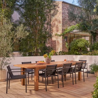 Avalon 90" - 114" Extendable Table x Tola Chair Bundle, contains products [Avalon 90" - 114" Outdoor Extendable Dining Table - Acacia], [Tola Outdoor Stackable Textilene Dining Armchair - Black] and [Tola Outdoor Stackable Textilene Dining Chair - Black].