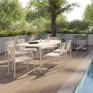 The Sarek Dining Table x Dining Chair x Armchair Bundle, contains products [Sarek 67" Outdoor Dining Table - Taupe], [Sarek Outdoor Stackable Dining Chair - Taupe] and [Sarek Outdoor Stackable Dining Armchair - Taupe].