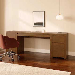 The Leif Modular Desk x File Cabinet Bundle, contains products [Leif 50" Modular Desk - Smoked Oak] and [Leif 17.5" Modular File Cabinet - Smoked Oak].