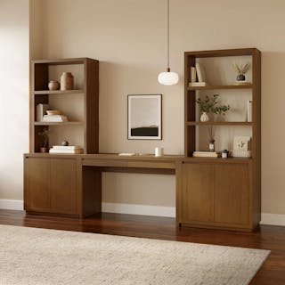 The Leif Modular Desk x Bookcase Bundle, contains products [Leif 50" Modular Desk - Smoked Oak] and [Leif 32" Modular Bookcase - Smoked Oak].