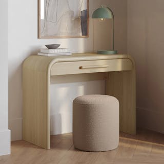 The Faydra Mini Desk x Cilo Ottoman Bundle, contains products [Faydra 40" Mini Desk - Natural Ash] and [Cilo 16" Ottoman - Sandstone Wool Bouclé].