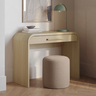 The Faydra Mini Desk x Cilo Ottoman Bundle, contains products [Faydra 40" Mini Desk - Natural Ash] and [Cilo 16" Ottoman - Sandstone Wool Bouclé].